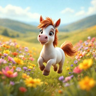 Primary subject: A white horse with a pink nose and orange mane, running through a field of flowers.

Setting/background: The horse is running through a field of flowers, with a mountain in the background.

Visual style: The image is a digital art illustration.

Colors and mood: The dominant colors are pink, orange, white, and yellow, creating a cheerful and lively atmosphere.